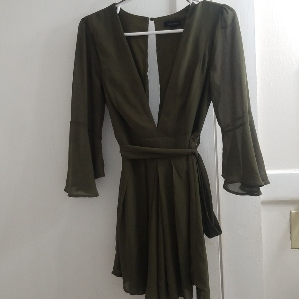 Olive quarter length v-neck short romper